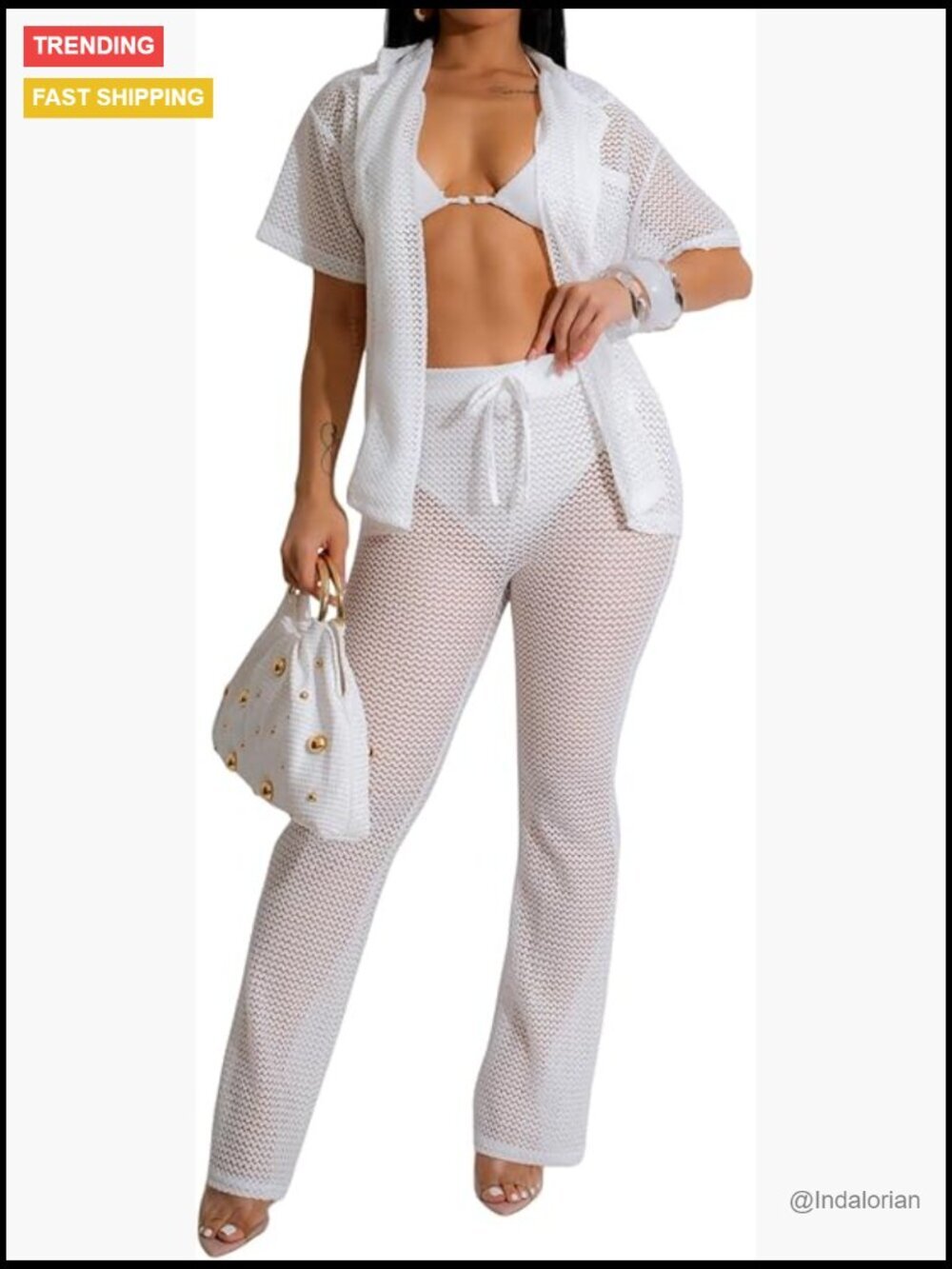 Crochet Hollow Cover Up Set Button Up Top Drawstring Wide Leg Pants